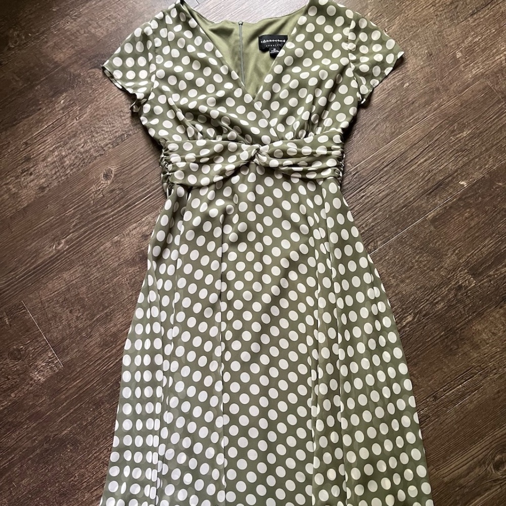 Connected Apparel Women's Dress, Sage with Cream Polka Dots - Picture 3 of 14